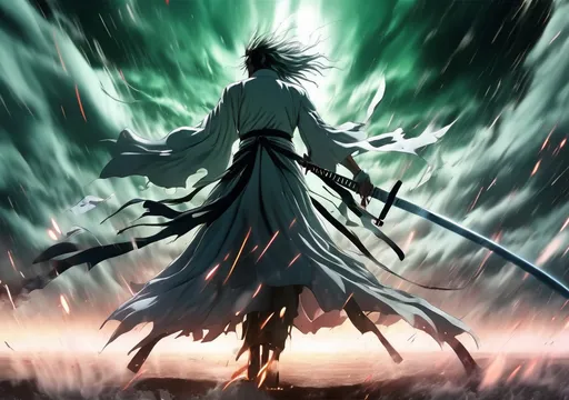 Prompt: The Espada (in the style of Bleach anime) in Las Noches, wielding a sword with black and emerald flames, causing a massive storm and shockwaves, the photo has a combination of crane shot, tackling shot and Dutch Tilt shot, mind-bending 3D view, vivid colors, Japanese art, anime, Bleach anime