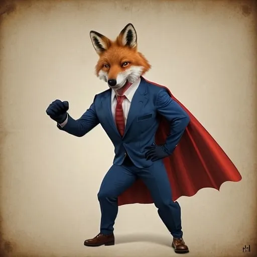 Prompt: a goofy, sly, droopy-eyed red fox character dressed as a superhero named HeeHee Man
