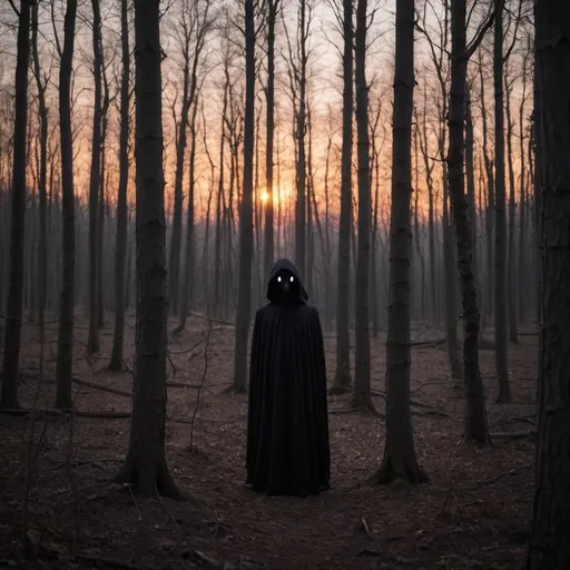 Prompt: in the thick woods at sunset time with a small dark entity in the middle of it
