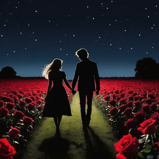 Prompt: A romantic scene taking place in a field red roses in a with a silhouette of a 5'8" young man with medium-length wavy black hair and a 5'5" young woman with long wavy dirty-blonde hair holding hands as they walk through the red roses. The background is dark night sky full of stars behind them. The lighting is dark and romantic.