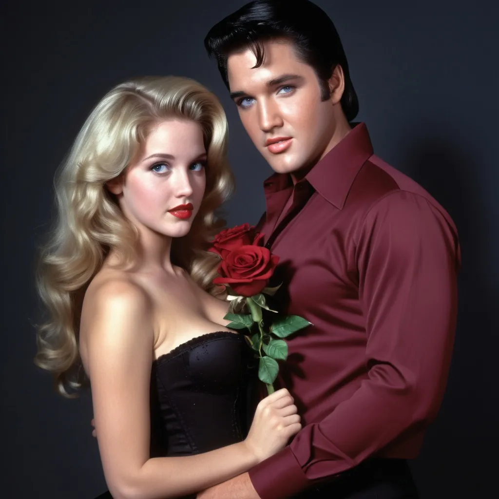 Prompt: a romantic valentine's day scene of fit 6ft Elvis Presley wearing a maroon shirt and black pants. In his arms he is holding a 5' 5" girl with long, wavy, dirty-blonde hair and grey-blue eyes wearing a long, poofy black dress with short sleeves and a black corset. There is a black background behind them dotted with red roses. The lighting is soft and romantic.