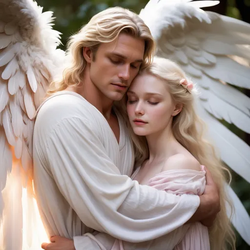 Prompt: A romantic scene of a god-like man with fair skin and large, feathery, white wings. He has beautiful blue eyes and fluffy blonde hair. He is wearing a white tunic and is cradling in his arms the sleeping body of a young woman with pale-skin and long, wavy dark-brown hair. She wearing a thin light-pink dress. They are sitting in a dark forest near a small pond dotted with small pink flowers. The lighting is dark and romantic.