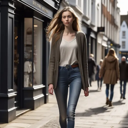 Prompt: Tall young woman walking down the high street, detailed clothing, realistic, natural lighting