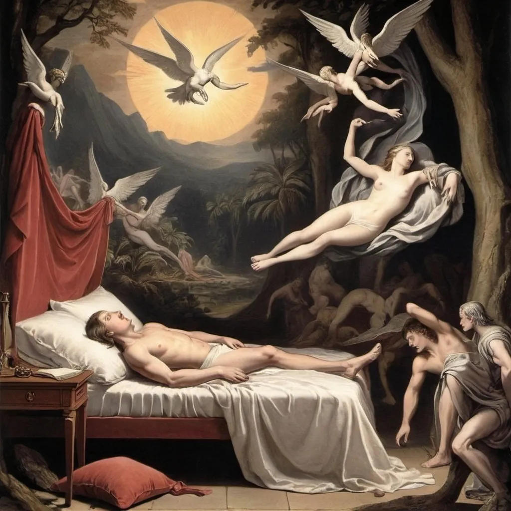 Prompt: image about paradise lost by john milton, the accent on adam, who is sleeping, and also has something of dante, but the action is in paradise
