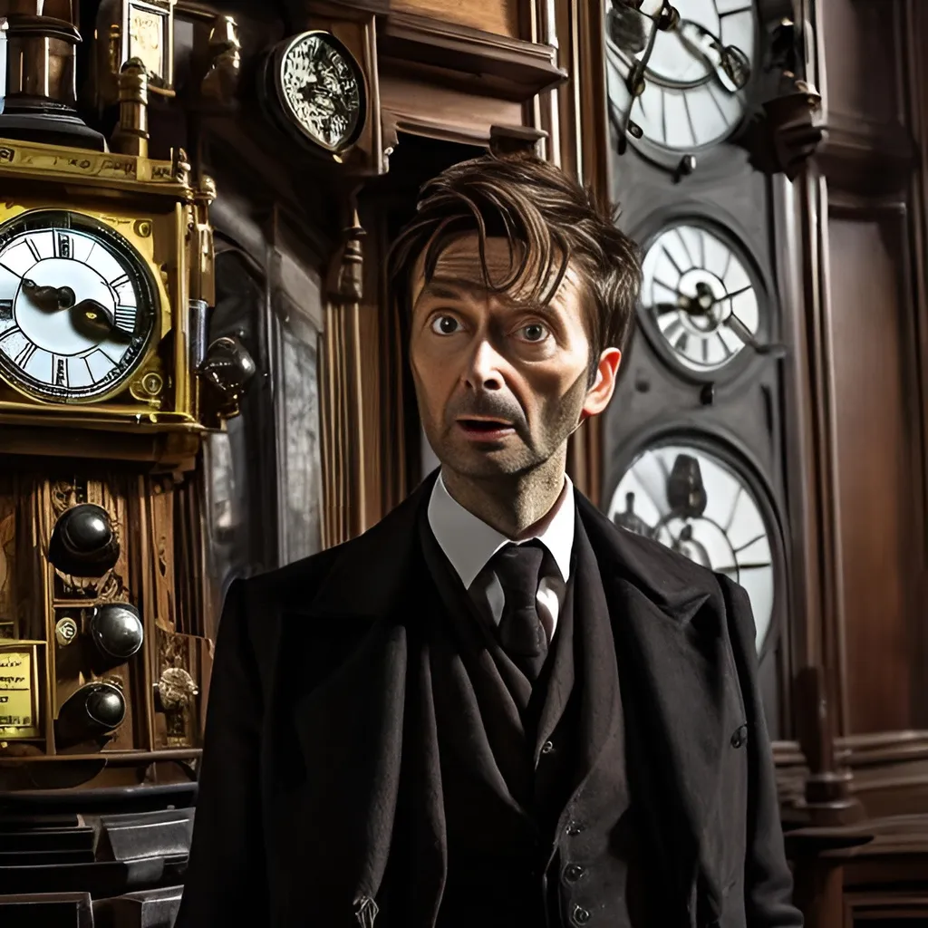 Prompt: david tennant looking terrified at a grandfather clock on the wall. Daleks surrounding him
