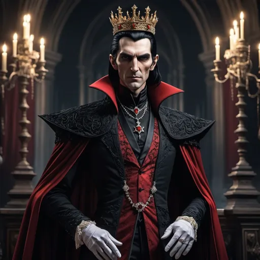 Prompt: Count Strahd Von Zarovich wearing an intricate crown. Vampire. Black hair long with widows peak. Full body formal wear. black and red attire. Full face