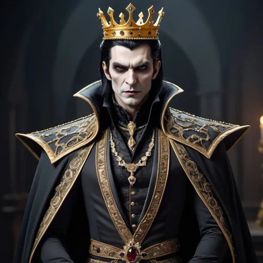 Prompt: Regal vampire king wearing a crown. Black hair long with widows peak. Full body formal wear. Full face. Brown eyes.