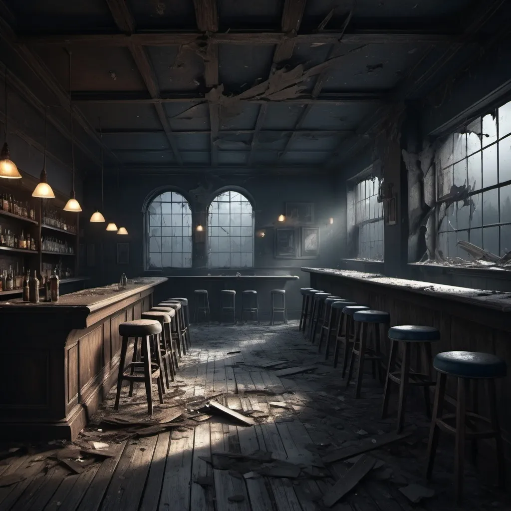 Prompt: A dark, abandoned bar interior in a digital art style with a haunting, eerie atmosphere. The room is filled with dust, old wooden tables, and overturned chairs scattered around. The walls are cracked and peeling, with faint light filtering through broken windows, casting deep, dramatic shadows across the floor. The bar counter is covered in cobwebs and debris, with glowing elements that add a surreal touch. The overall color palette is muted, with shades of gray, brown, and dark blue, emphasizing the desolation and decay. The scene should evoke a sense of mystery and abandonment, with sharp, clean lines and a slightly futuristic, digital aesthetic.