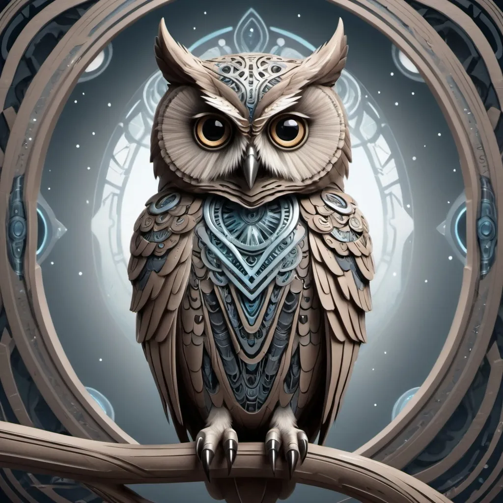 Prompt: A small, detailed owl in a digital art style, with an intricate design and a slightly futuristic appearance. The owl should have sharp, clean lines, and a muted color palette with shades of gray, brown, and subtle hints of blue. Its feathers are textured and slightly glowing, giving it a mystical, otherworldly presence. The owl is shown with closed eyes, exuding a sense of calm and wisdom. The overall aesthetic should blend realism with a touch of surrealism, emphasizing the digital and modern artistic approach."

