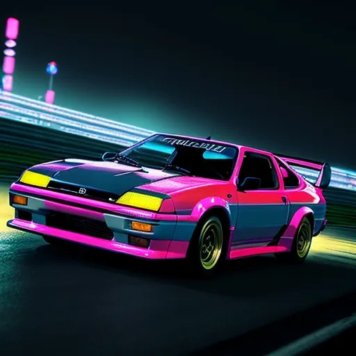 Prompt: High-res digital illustration of a Toyota Trueno from Initial D, detailed racing decals, dynamic drift pose, intense headlights, night racing atmosphere, realistic rendering, anime style, cool tones, neon city lights, atmospheric lighting, high quality, 4k, ultra-detailed, Initial D, Toyota Trueno, racing car, racing decals, dynamic drift, intense headlights, night racing, 3D rendering, anime style, cool tones, neon lights, atmospheric lighting