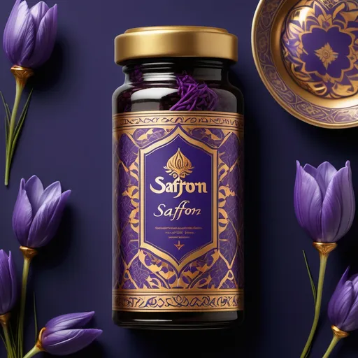 Prompt: "Create a packaging design for saffron that features a detailed illustration of a purple saffron flower. Incorporate traditional Persian patterns and use shades of blue and gold throughout the design. The typography for the brand name should reflect Persian calligraphy styles, showcasing elegance. Include cultural elements such as traditional pottery or natural landscapes in the background. The overall aesthetic should feel luxurious and culturally rich, emphasizing the heritage of saffron."