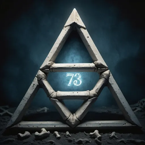 Prompt: The triforce from Ocarina of Time but made with bones. In the center of the blank space, write the number 73 in blue bones