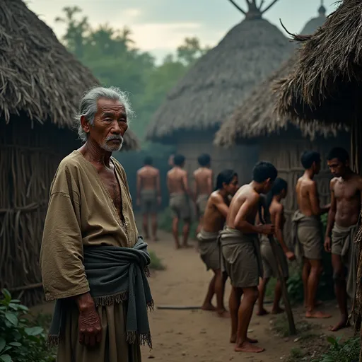 Prompt: A prehistoric Vietnamese tribal settlement at dusk, simple huts made of branches and leaves, looking cold and dim. In the foreground, an Elderly Vietnamese male, 50-60+ years old, prehistoric/ancient era. Slightly stooped but respected posture. Wrinkled face, wise and concerned eyes, dark eyes. Thinning white or grey hair, short or small bun. Wears a simple long-sleeved tunic in beige color and a longer loincloth/wrap in dark grey color (rough woven material). Barefoot or simple dried grass yellow woven sandals. Leans on a dark brown plain wooden walking stick. Nearby, huddled for warmth, are several Adult Vietnamese males, various ages, prehistoric era. Healthy builds. Simple, rustic faces, dark eyes. Black hair, short or shoulder-length. Wear simple loincloths in light brown or ochre color (bark or hide material). Mostly bare-chested. Barefoot. Also present is an Adult Vietnamese female, prehistoric era. Average build. Simple, gentle face, dark eyes. Long black hair, tied back or in a bun. Wears a simple wrap skirt or sleeveless tunic dress (bark/hide material), knee-length, in cream or tan color. Barefoot