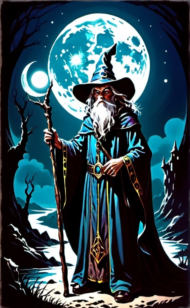 Prompt: Dark fantasy wizard moonlight retro