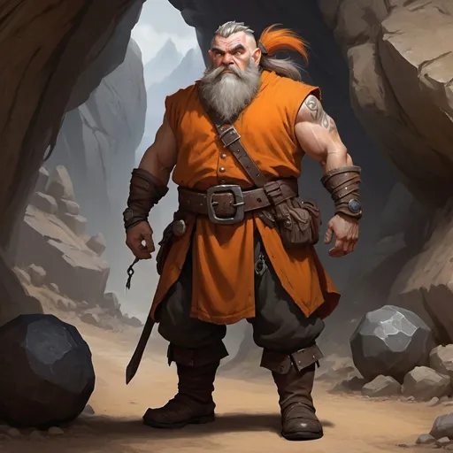 Prompt: Dwarf male character design, standing at 4 feet tall, athletic build, scars on face, midle age, greying hair, dyed orange mohawk, determined expression, dressed as wagonmaster, whip held in left hand,  positioned against Dwarven ore caravan backdrop, embodying determined allure of a fighter, digital painting, dramatic lighting, ultra realistic