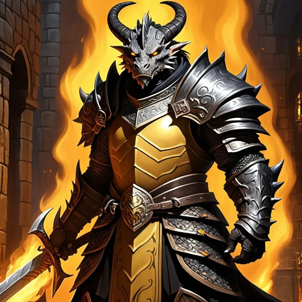 Prompt: Black dragonborn character design, standing at 2 meters tall, athletic build, glowing bright yellow eyes, draconic face showing, scars on face, dragon pendant around neck, determined expression, horns foward, holding sword in right hand, equipped with shield with dragon simbol, clad in detailed chainmail armour, cloack billowing behind him, positioned against burning medieval city backdrop, embodying the mysterious allure of a Paladin, digital painting, dramatic lighting, ultra realistic