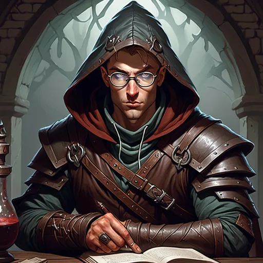 Prompt: human male, Dungeons and Dragons, 5e, blood hunter, Mutant Order, wears medieval round reading glasses, leather armour, hooded