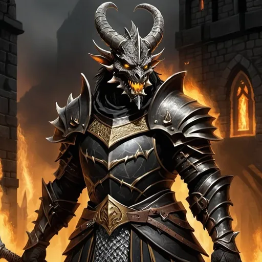 Prompt: Black dragonborn character design, standing at 2 meters tall, athletic build, glowing bright yellow eyes, draconic face showing, scars on face, dragon pendant around neck, determined expression, horns foward, holding sword in right hand, equipped with shield with dragon simbol, clad in detailed chainmail armour, cloack billowing behind him, positioned against burning medieval city backdrop, embodying the mysterious allure of a Paladin, digital painting, dramatic lighting, ultra realistic