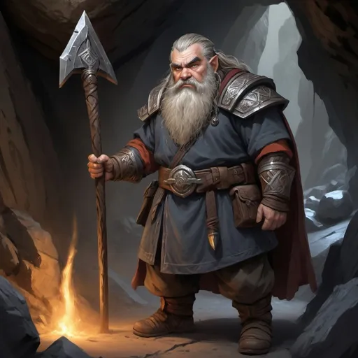 Prompt: Dwarf male character design, standing at 4 feet tall, athletic build, scars on face, midle age, greying hair, determined expression, dressed as mine overseer, whip on left hand,  positioned against Dwarven mine entry backdrop, embodying determined allure of a fighter, digital painting, dramatic lighting, ultra realistic