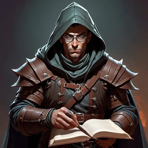 Prompt: human male, Dungeons and Dragons, 5e, blood hunter, Mutant Order, wears medieval round reading glasses, leather armour, hooded