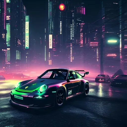 Prompt: Porsche 997 gt3, cyberpunk style landscape, cyberpunk style car, night, city lights, neon, foggy, headlight beam, car in motion