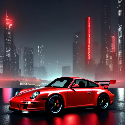 Prompt: Shiny red Porsche 997 gt3, cyberpunk style landscape, cyberpunk style car, night, city lights, neon, foggy, headlight beam, it is raining, visible rain drops, hyper realistic, 4k