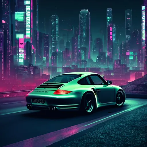 Prompt: Porsche 997, cyberpunk style landscape, cyberpunk style car, night, city lights, neon