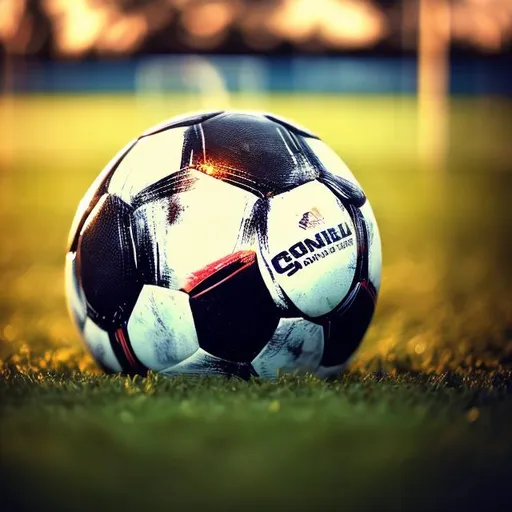 Prompt: cinematic big close shot of an old soccer ball, with sport blindfold on it, on the grass of a soccer field in a sunny day, cinematic light and flares