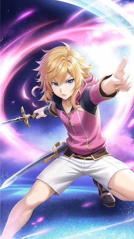 Prompt: Cute anime adventurer boy with redish blond wavy hair, shoulder length, dynamic combat pose, wielding a one-handed sword, casting charged magic, detailed facial features, high-quality digital painting, anime style, vibrant colors, dramatic lighting, magical aura, intense action, vibrant anime color palette, dynamic composition, fantasy setting, detailed clothing and accessories, intense and vibrant energy, full body, pink pastel hoodie