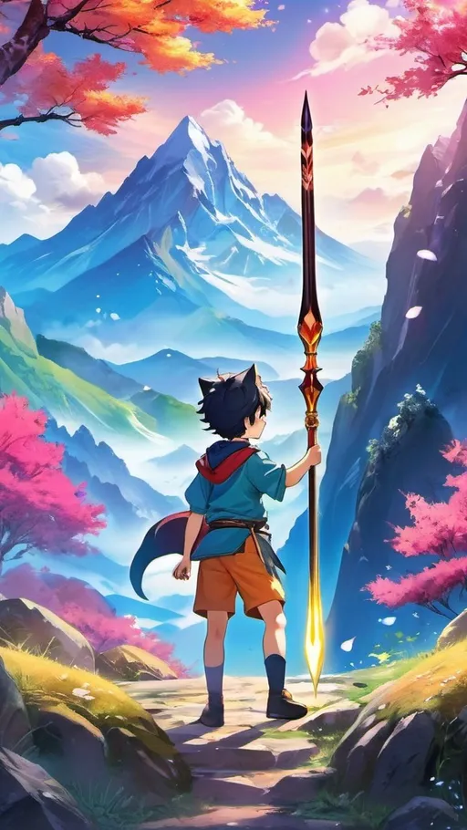 Prompt: Anime illustration of a boy training with a magic spear, mountain setting, cute cat-like mascot, vibrant color palette, detailed character design, magical aura, dynamic action pose, mystical atmosphere, highres, anime, vibrant colors, detailed characters, magical, dynamic action, mountain setting, cute mascot, mystical atmosphere