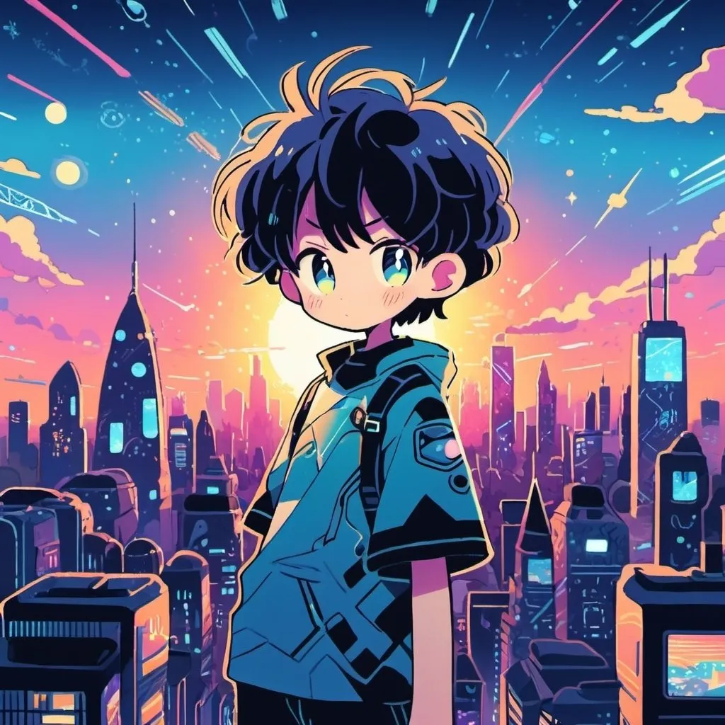 Prompt: Futuristic anime illustration of a boy, hybrid magic-technology setting, cityscape horizon, detailed eyes, cool tones, futuristic, anime, magic, detailed skyline, intense gaze, high-tech elements, city lights, best quality, highres, ultra-detailed, anime, futuristic, detailed eyes, magical technology, professional, atmospheric lighting