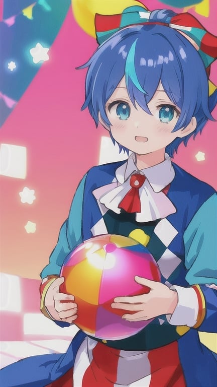 Prompt: Anime illustration of a boy circus jester, balancing on a giant ball, vibrant colorful costume, detailed facial features, high-quality, anime, circus, vibrant colors, detailed costume, professional, dynamic lighting, checkered costume, pink, red, blue