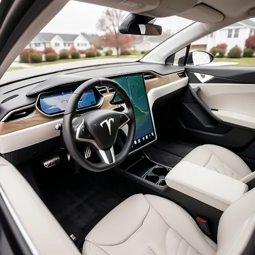 Prompt: a Tesla model 3 interior finish being detailing and clean and park outside of  a house garage in massachasusetts
