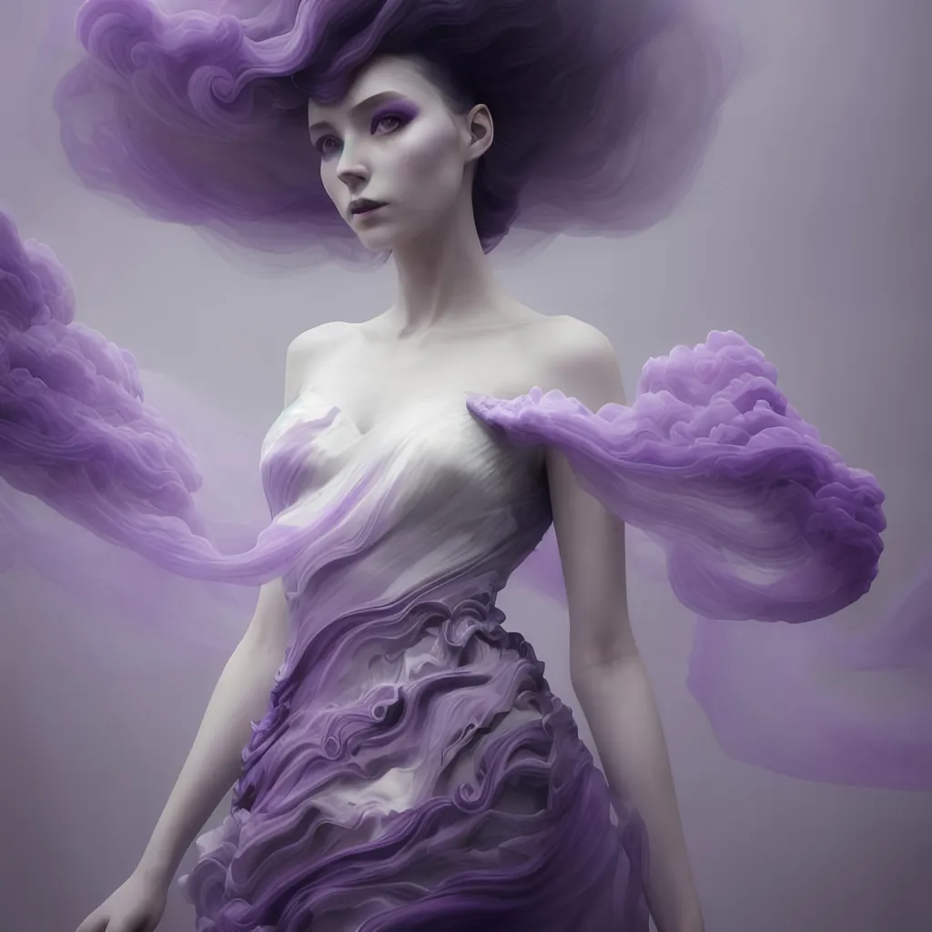 Prompt: model wearing a dress made of purple smoke and fog, futuristic dress by cibeta, in the style of samantha keely smith, yanjun cheng, rosalba carriera, weathercore, white and gray, mythical, vorticism