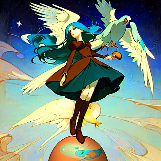 Prompt: In style of christian Schloe and daria Petrilli, a giant colorful bird flying with a beautiful cute girl with a very long and wild  ombre gradient blue hair on its back in a beautiful starry sky. Craquelure, egg tempera effect, Naive art, extremely detailed, optical illusion, oil painting 