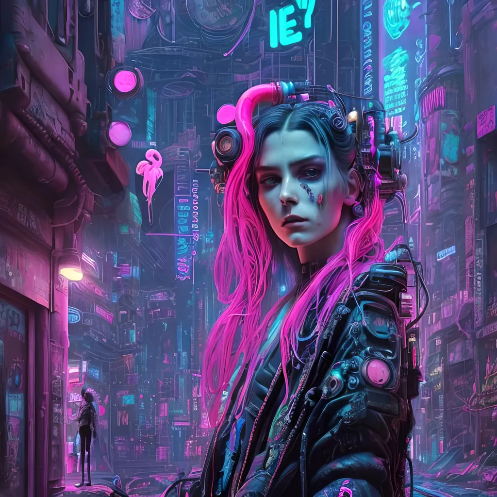 Prompt: A detailed portrait of a cyberpunk victorian pretty lady in a Futuristic Cityscape and Neon Pink Flamingo, Street Art, Graffiti Style, Bold, Digital Painting, Urban, Edgy, Colorful, 8K, Intricate Details illuminated by a neon sunset, by Alex Konstad, Tatsuya Ishida, and Patrick Brown, dramatic lighting, hyper-realistic details, with digital painting techniques, trending on Artstation, cinematic cinematic lighting.