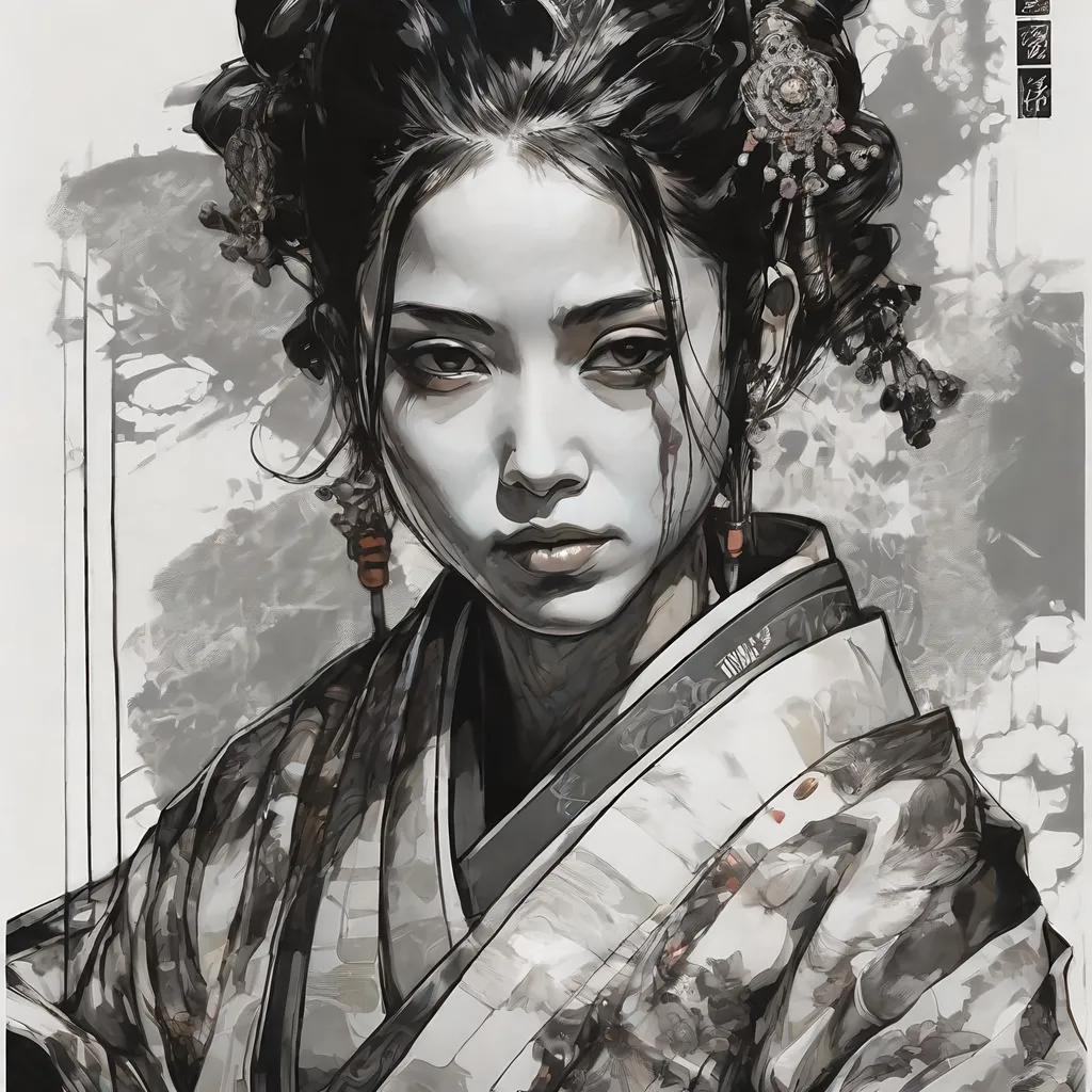 Prompt: (((Yoji Shinkawa))), sticker of ultra detailed portrait of Naomi Scott in japanese kimono,Kanzashi head accessories, high quality cell shaded illustration in post apocalyptic style by Yoji Shinkawa,(((sitting kneeling pose))), ((zoomed in face)),  (((katana))), (((Detailed hands))),perfect anatomy, centered, freedom, soul, blue and pink long hair, approach to perfection, cell shading, 4k , cinematic dramatic atmosphere, watercolor painting, global illumination, detailed and intricate environment, artstation, concept art, fluid and sharp focus, volumetric lighting, cinematic lighting, Art by Yoji Shinkawa and by Ilya Kuvshinov 
