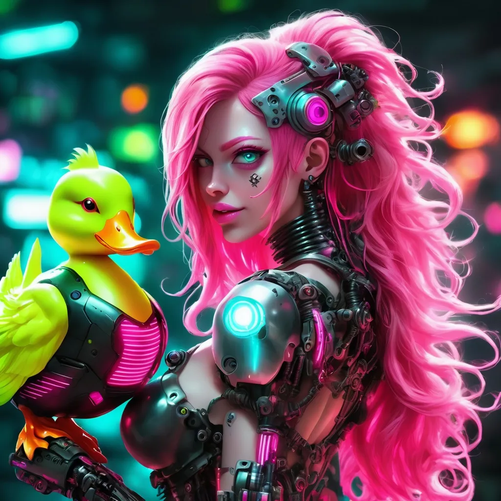 Prompt: Beautiful cybernetic female pirate with long neon pink hair that glows. Put a small robotic duck in the background.