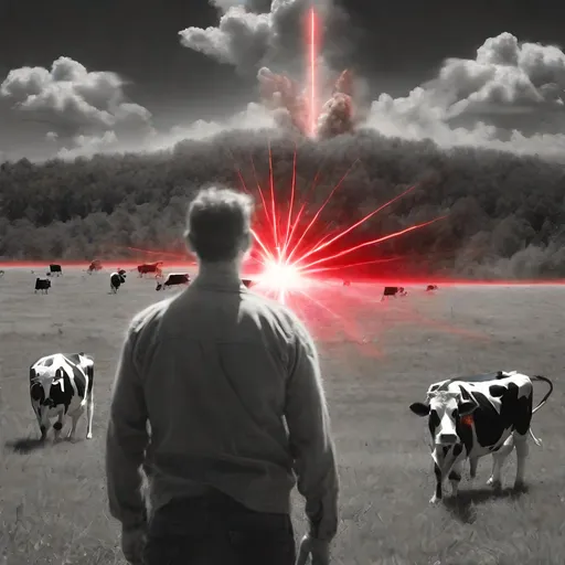 Prompt: a scared man in the cow pasture seeing a red laser on the horizon causing a huge explosion