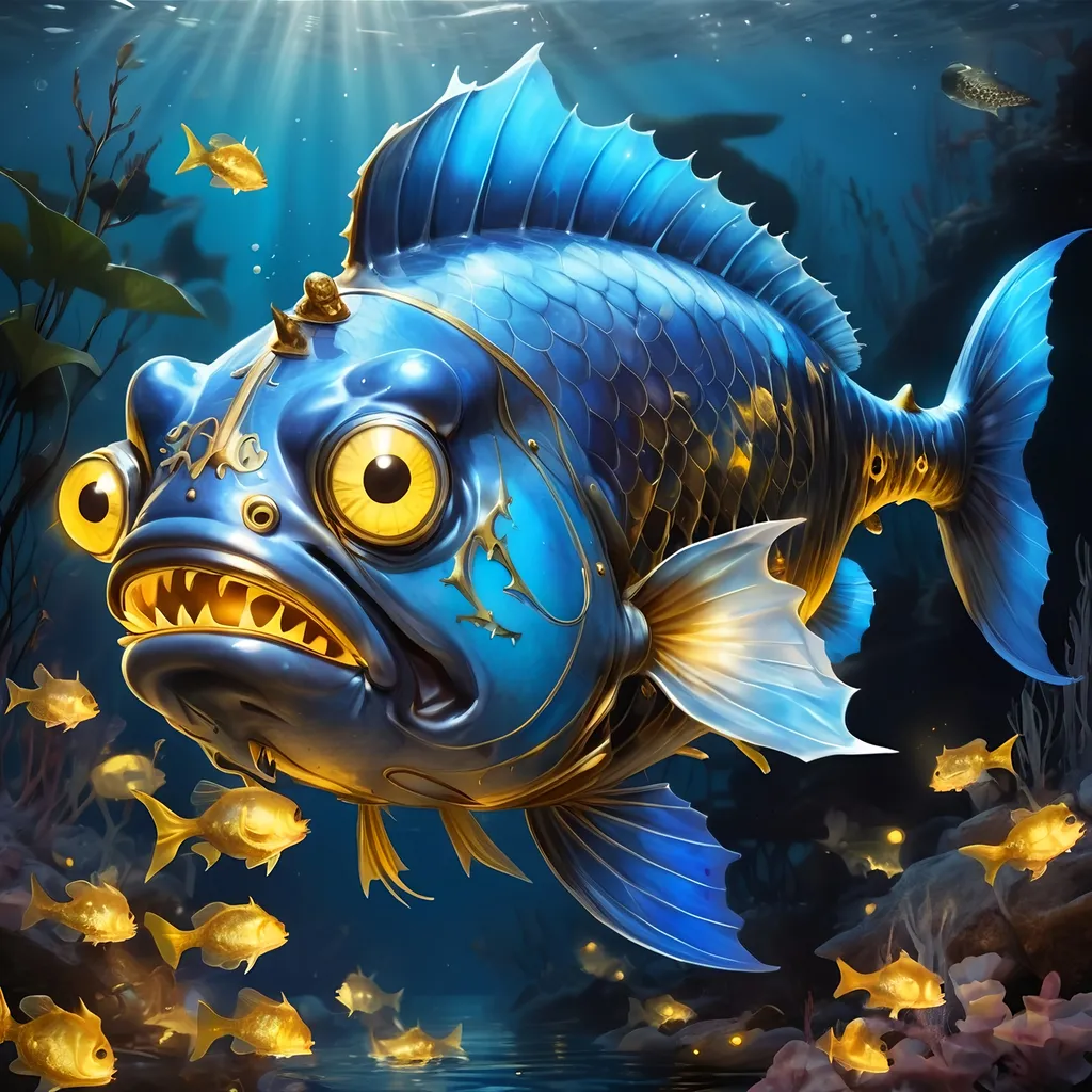 Prompt: Anglerfish with blue and dark gray scales zombie-like with golden plates and markings and angler lure that glows gold, background deep ocean with glowing plants