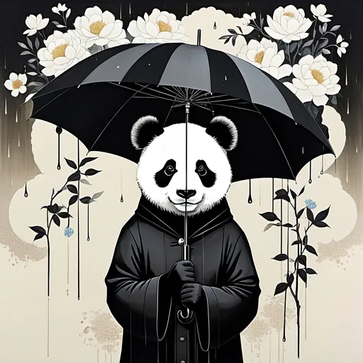 Prompt: illustration of a panda holding an umbrella, in the style of surrealist-inspired works, gothic neo-pop surrealism, Hayv Kahraman, Anselm Kiefer, Jamie Heiden, Lotta Jansdotter, dark white and black, rain, metropolis with flowers background , jewelry by painters and sculptors, vienna secession, elegant, emotive faces, bubble goth, subtle playfulness