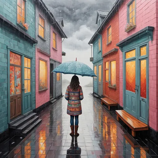 Prompt: waiting for you in the rain He will return like in a dream Bad dream Will let us be close to each other But the dream flew away His heart changed Only you are left with your ambiguous love , in the style of hot vs cold folk art-inspired isometric , bold patterned quilts, pastel colours, bloomcore, mixes painting and ceramics, precise, detailed architecture paintings, cute and dreamy, illustration by Olivia Gibbs, Francois boucher, Animorphia - Kerby Rosanes, Victoria Ball, ugly sweater patchwork 