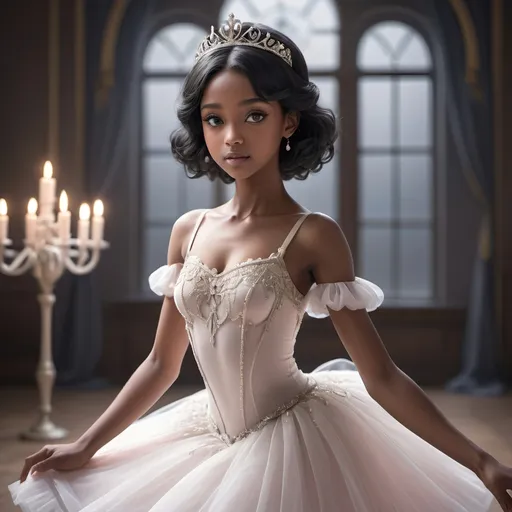 Prompt: Gorgeous dark-skinned ballerina anime, raven black hair, Snow White princess, ballet dress, delicate tiara, elegant pose, detailed eyes, highres, ultra-detailed, anime, fantasy, elegant, delicate, graceful, ballet, princess, regal, classical style, soft pastel tones, enchanting lighting