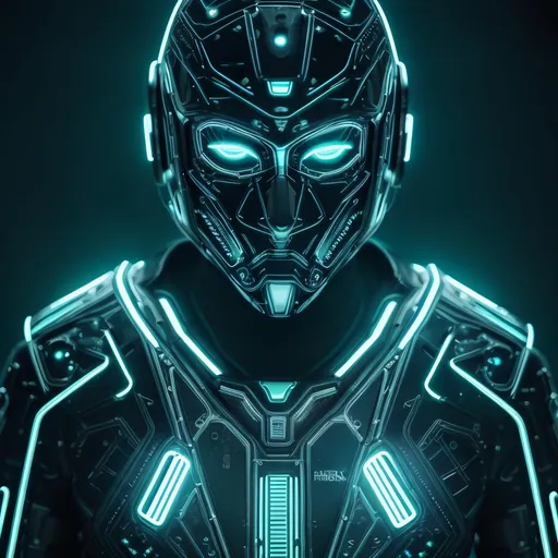 Prompt: Futuristic digital illustration of a hidden persona, cybernetic materials, glowing neon accents, intricate circuitry patterns, high-tech mask, shadowy and mysterious, ultra-detailed, futuristic, cyberpunk, cool tones, enigmatic lighting
