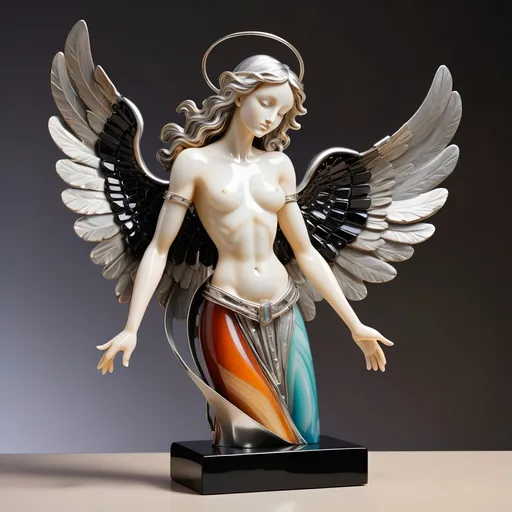 Prompt: Abstract metal tabletop sculpture in the shape of a biblical angel, platinum and onyx, bright solid colored background, high quality, metallic, modern, vibrant colors, detailed textures, professional lighting