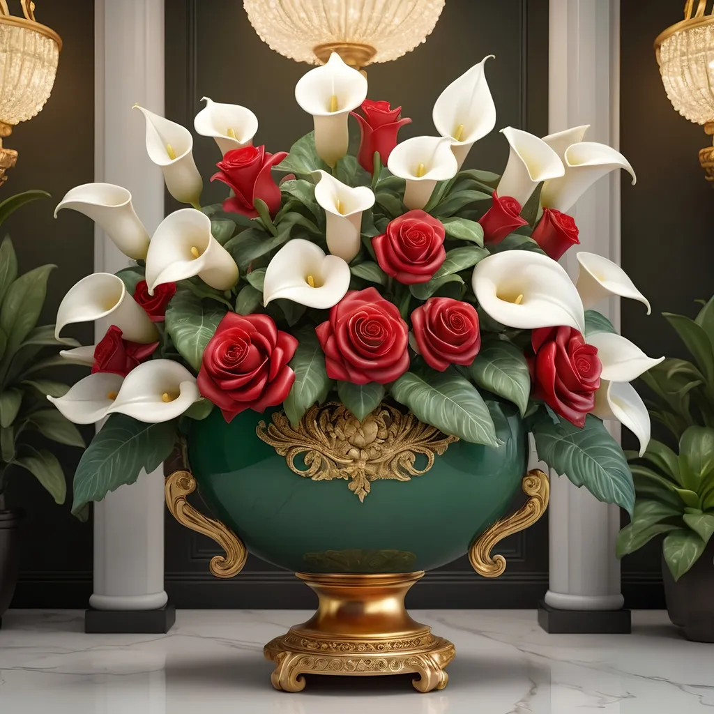 Prompt: Giant jade and gold pot, realistic 3D rendering, luxurious gold and emerald tones, huge detailed red roses and white calla lilies arrangement, intricate gold engravings, opulent lighting, high quality, realistic, luxurious, detailed succulents, 3D rendering, intricate design