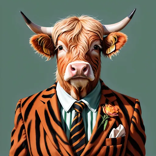 Prompt: Highland cow wearing a tiger striped suit.