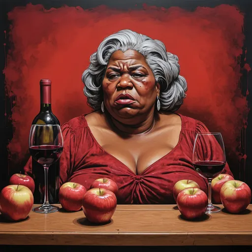 Prompt: Big Mama Bertha, Final Rage of Court Case, Flowing red Sadness, Wine of Anarchy, red apples by Daniel Overwall