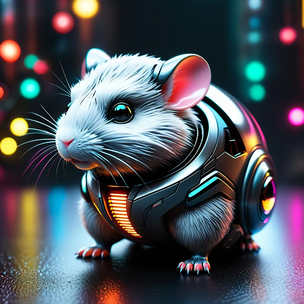 Prompt: Tiny Syrian hamster mech, metallic and sleek design, futuristic sci-fi style, intense grey and black color scheme, sparkling neon lights, miniature scale, highres, ultra-detailed, sci-fi, futuristic, metallic sheen, intense color scheme, miniature scale, neon lights, detailed design, professional, atmospheric lighting