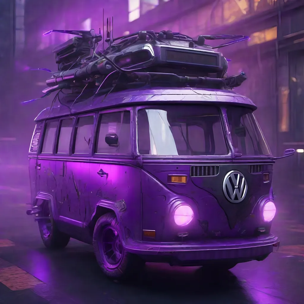 Prompt: Futuristic Volkswagen mini bus transformer in a dystopian future. Make it green. Add neon lights and antennas to the mini bus. Add turrets and cannons.  Purple mist surrounds it.